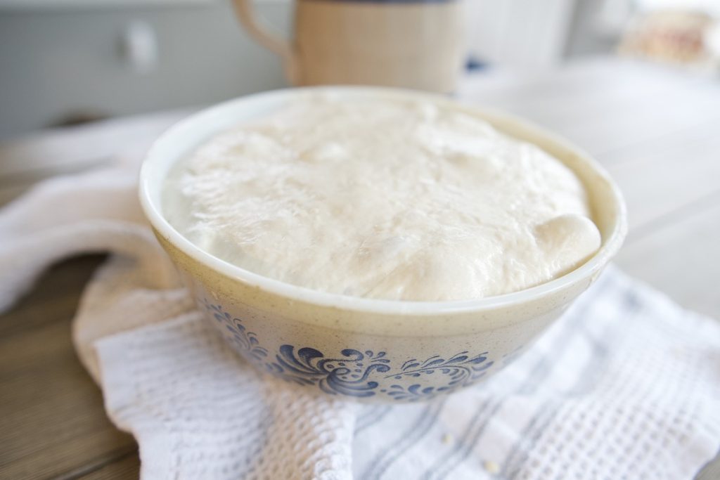 sourdough bread dough in large bowl after overnight rise, bubbly and ready for envelope fold