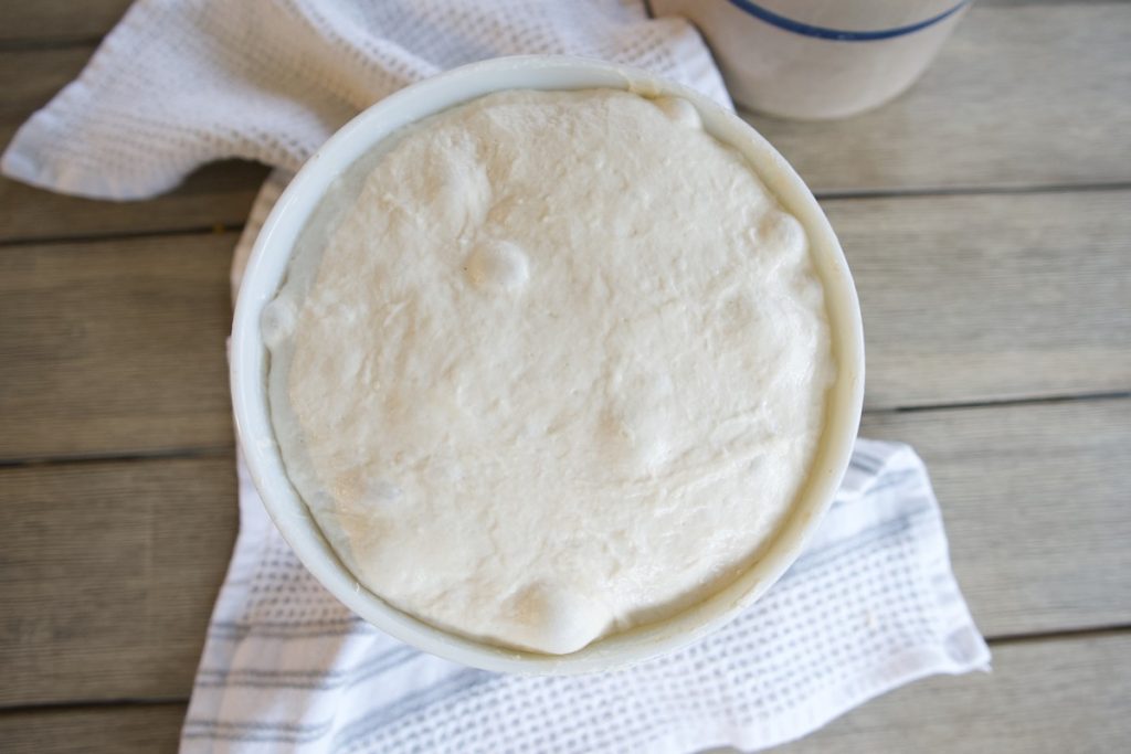 sourdough bread dough in large mixing bowl after overnight rise, bubbling and ready for envelope fold
