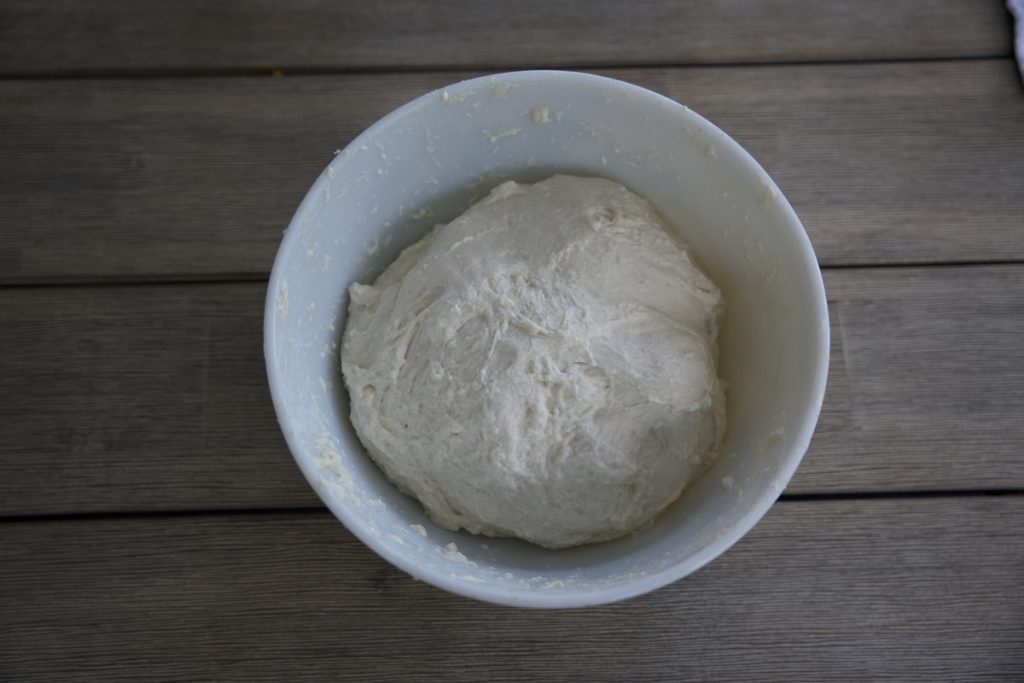 sourdough dough after stretch and fold, flipped smooth side up in large mixing bowl
