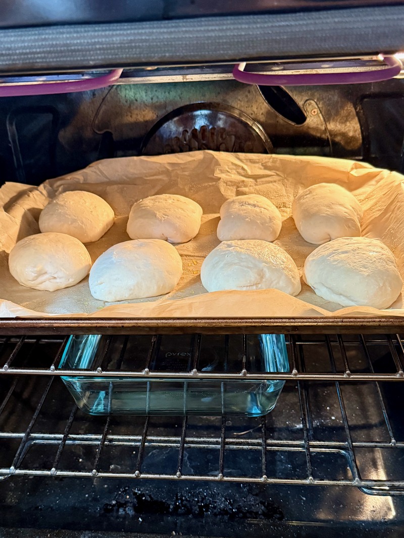 sourdough ciabatta bread dough rolls on lined and greased baking sheet above pyrex filled with water in oven