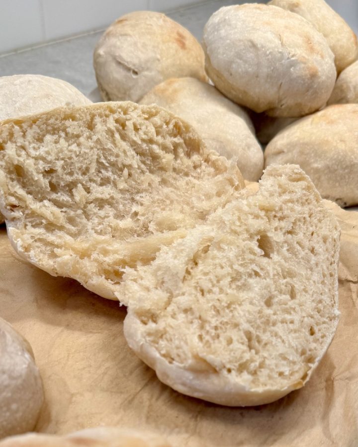 sourdough ciabatta bread rolls baked and sliced