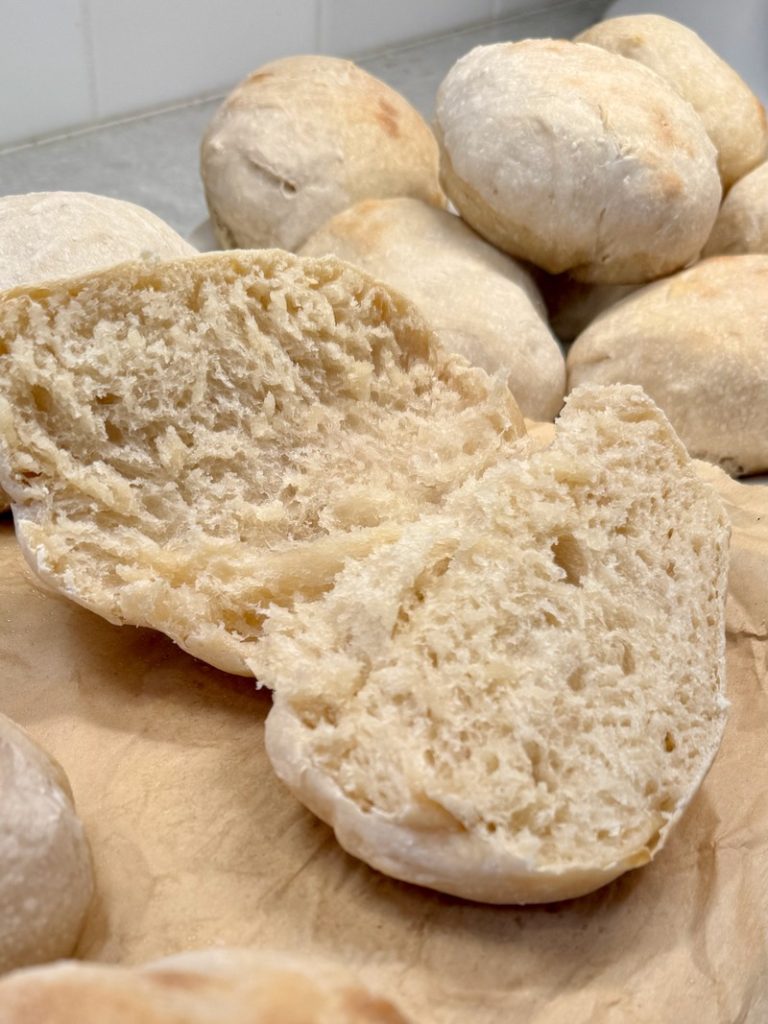 sourdough ciabatta bread rolls baked and sliced