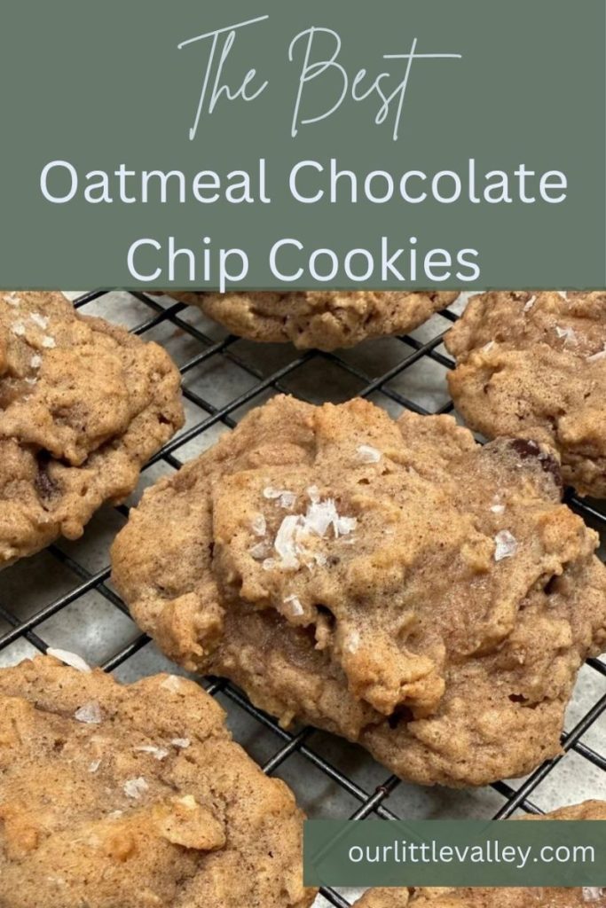 Pinterest image for the best oatmeal chocolate chip cookie recipe with baked oatmeal chocolate chip cookies with finishing salt on top on cooling rack