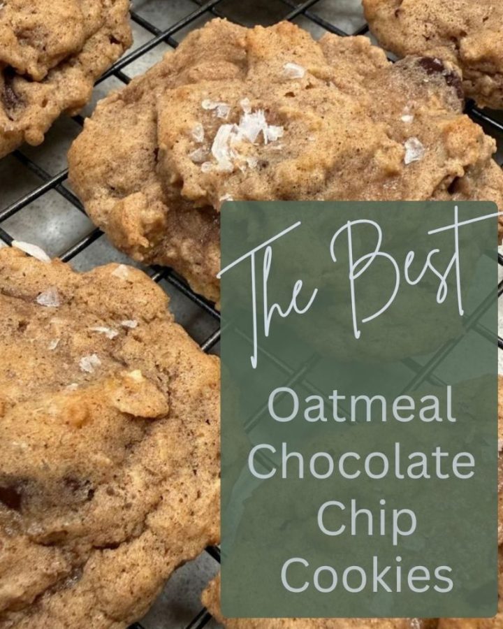 Pinterest image for The Best Oatmeal chocolate chip cookie recipe with baked cookies on cooling rack