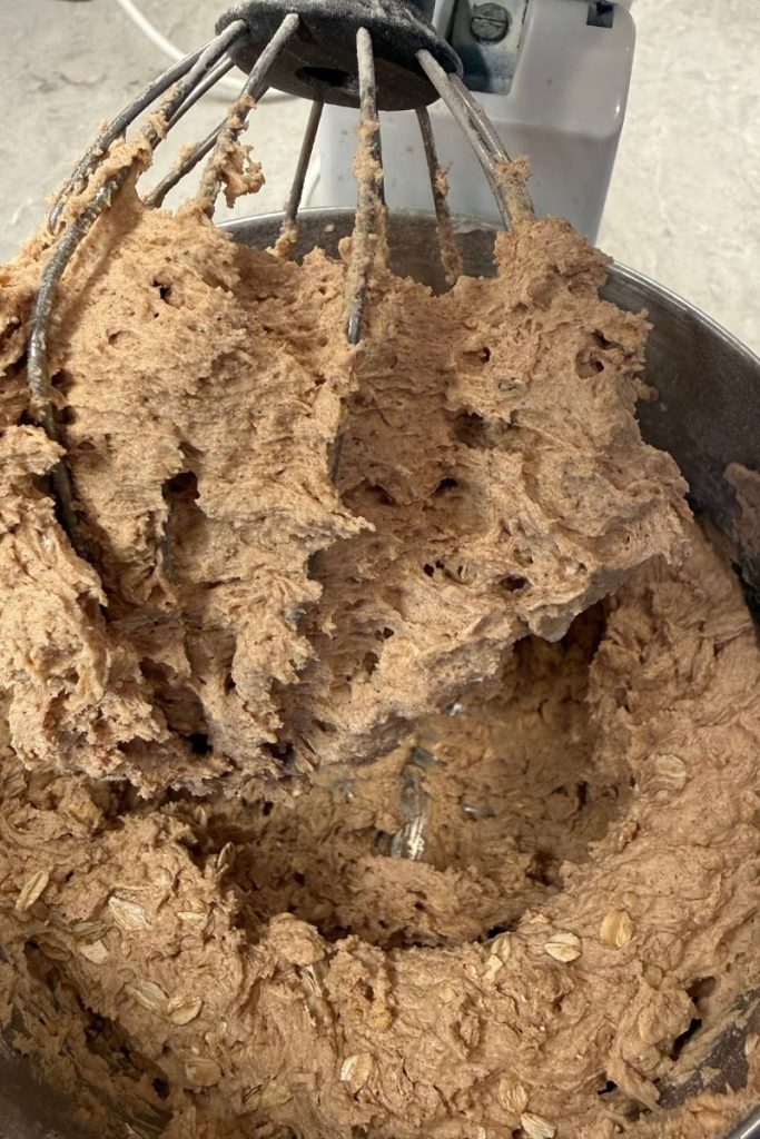 dough for oatmeal chocolate chip cookie recipe mixed together in kitchen aid mixer bowl